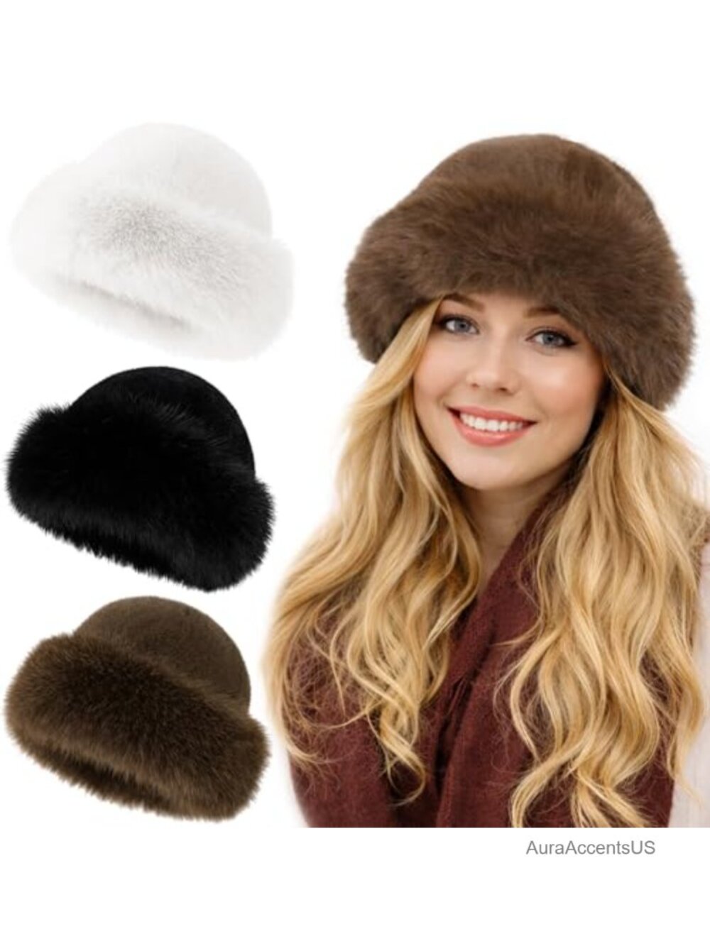 3 Pack Faux Fur Bucket Hats Winter Warm Plush Fluffy Cold Weather